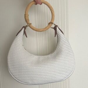 White Woven Hobo Bag with Wooden Handle